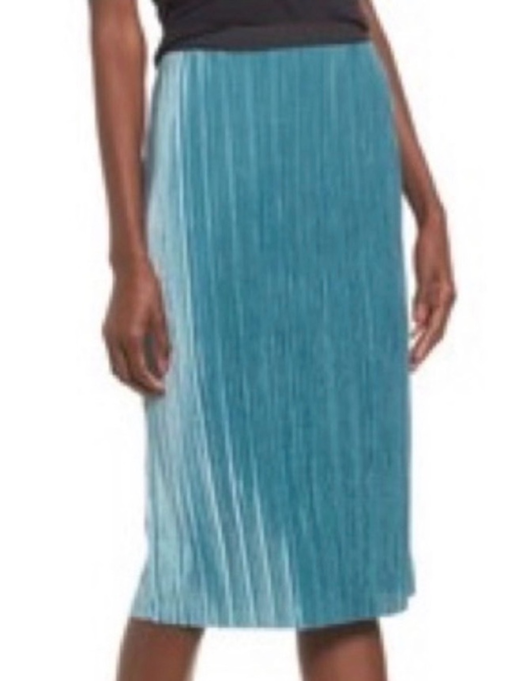 Leith Teal Blue Green Pleated Midi Velour Velvet Skirt Black Elastic Waistband L - Picture 3 of 13